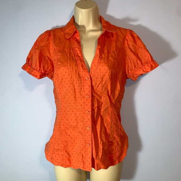 Odille Swiss dot Orange Button-Down Shirt short puff sleeve Peter Pan collar 8 - Picture 1 of 5